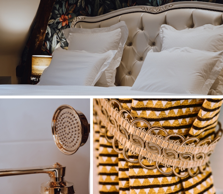 3 images de la chambre "FLORE" : tête de lit, douche et rideaux