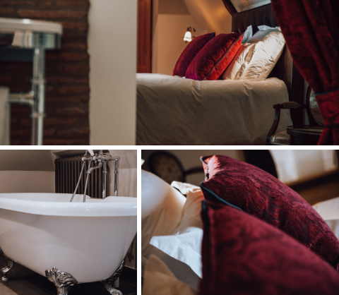 3 images de la suite "APPOLLINE" : le lit, la baignoire, les coussins