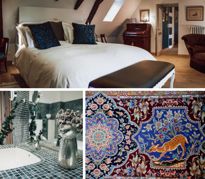 3 images de la suite "JOSÉPHINE" : lit 2 places, robinets de la salle de bain et tapisserie